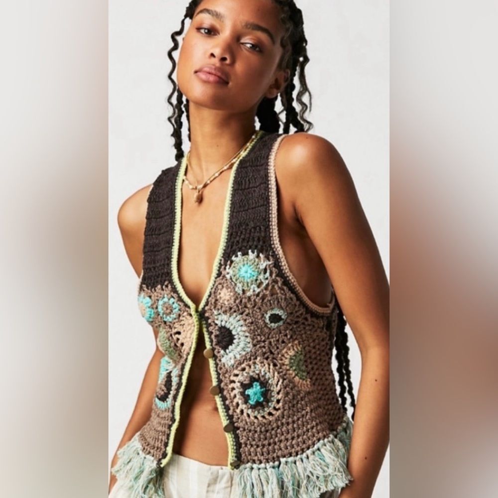 Free People Desert Rose Crochet Vest Western Boho 70s Fringe 100% Cotton Small